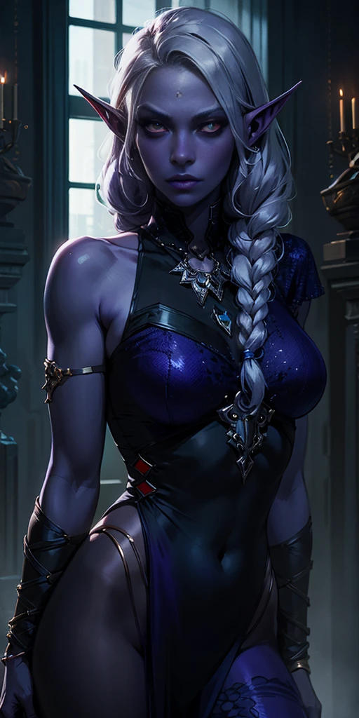 unreal engine:1.4, fotorrealist:1.4, skin texture:1.4, Masterpiece:1.4,1girl, drow sexy, purple-blue skin, Long, elaborate pale silver braids, ((Red eyes)), jewelry, Elf's ears, earrings, ((Sexy White Sorceress Dress)), ((Manage staff)), ((Cast light magic)), on a scythe roof, athletic, volumetric illumination, The best quality, Masterpiece, realist, anatomically correct, (Strong cinematic lighting), impressive details, intricate details, 8k post-production, High resolution, Super details, trends on Artstation, sharp focus, Depth of field F/1.8, studio photos, (((Looking at camera)))