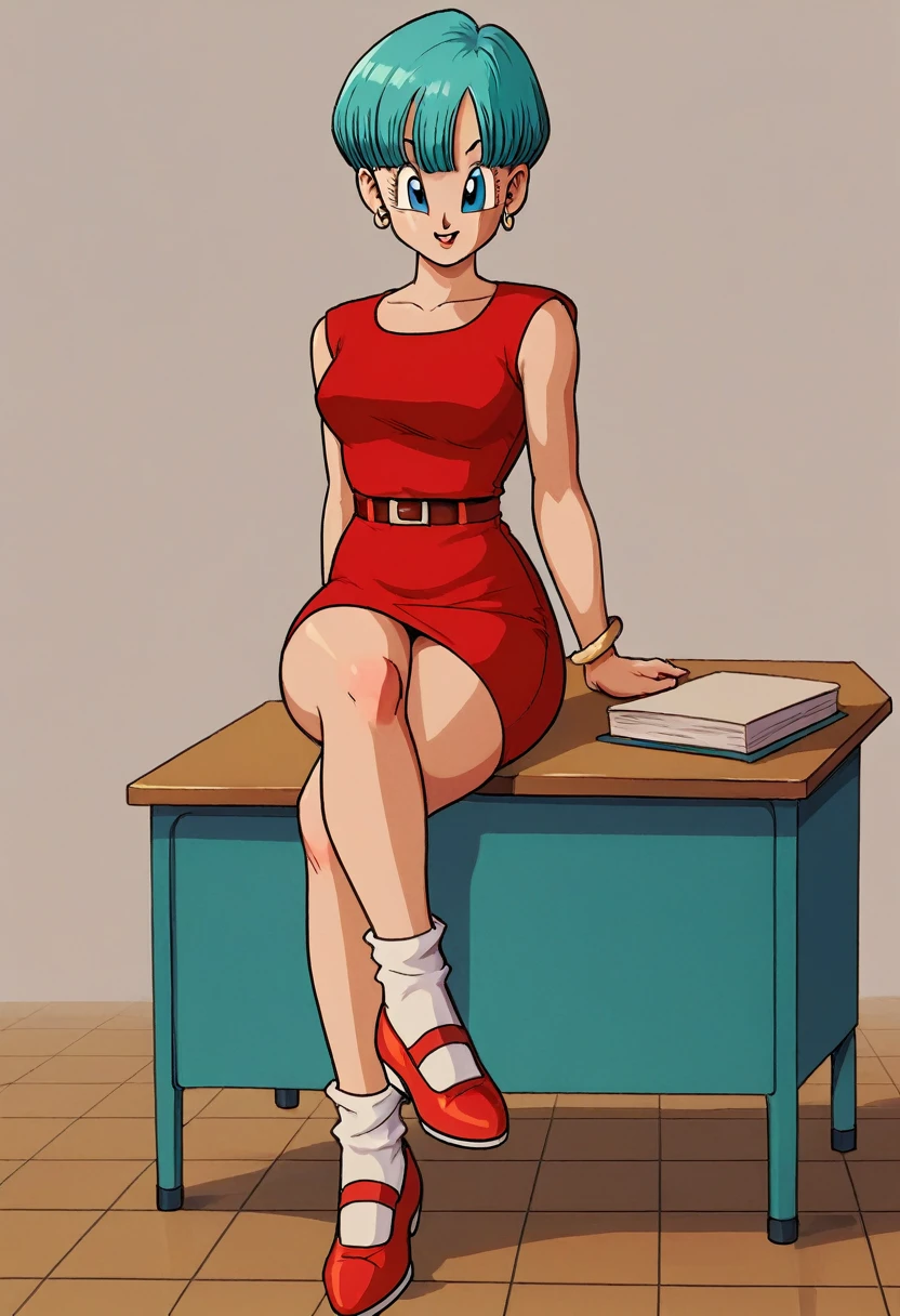 Bulma red dress legs crossed on a desk