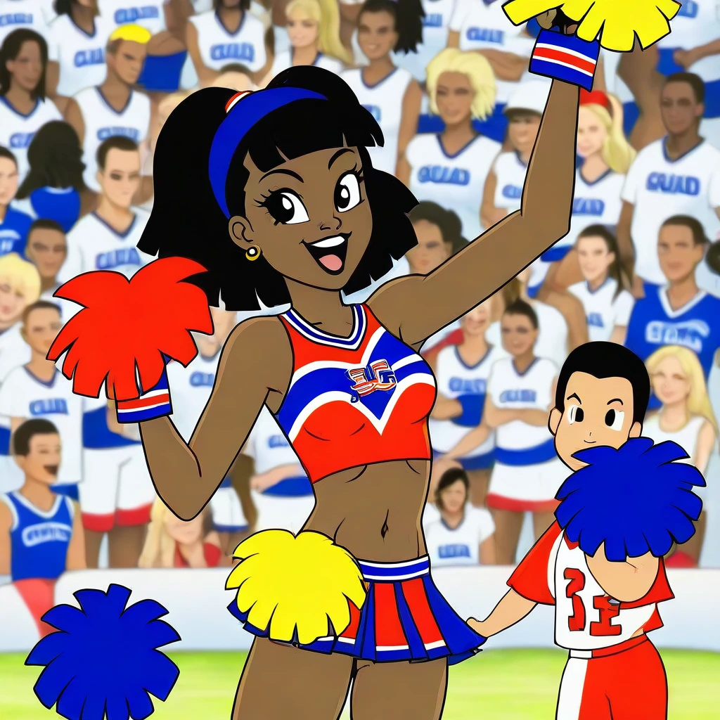 cheerleader,little smile,cheer leading,cheerleader uniform, (((masterpiece))), (((best quality))), ((ultra-detailed)), (illustration), ((an extremely delicate and beautiful)),(bokeh,blurry background),(best shadow), 1girl,white panties, black hair, long hair, kawaii,cute,, shine Highlight Spot on eyes, character focus,head tilt,