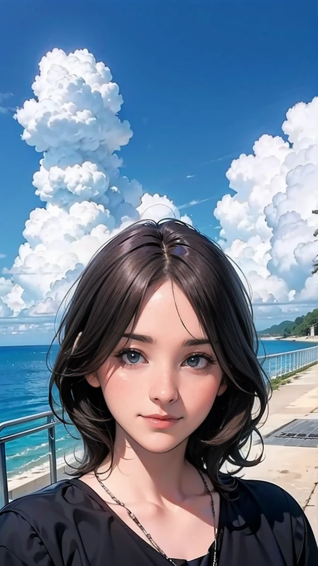 ((最high quality, 8K, masterpiece: 1.3, Ultra HD, high quality, 最high quality, High resolution, realism)) 、Beautiful 18-year-old stateless woman、The hair is brown、Iridium Hair、My hair is wavy、smile、I want to keep my head out of the screen.、sit on a high breakwater on the beach、The blue sky is beautiful、There is a cloud at the entrance、that'summer、In jeanstshirt、There is a road in front of the breakwater.、There is a sign indicating the bus stop.、The sea is beautiful、Beautiful Horizon、 island can be seen offshore、Looking at the sea