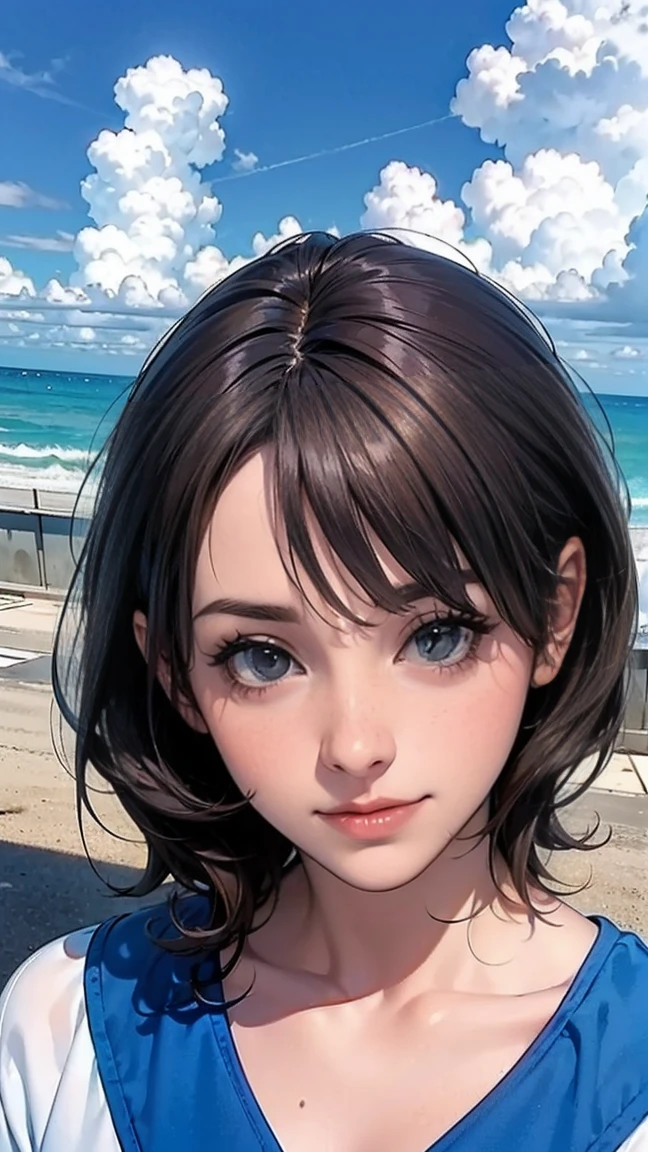 ((最high quality, 8K, masterpiece: 1.3, Ultra HD, high quality, 最high quality, High resolution, realism)) 、Beautiful 18-year-old stateless woman、The hair is brown、Iridium Hair、My hair is wavy、smile、I want to keep my head out of the screen.、sit on a high breakwater on the beach、The blue sky is beautiful、There is a cloud at the entrance、that'summer、In jeanstshirt、There is a road in front of the breakwater.、There is a sign indicating the bus stop.、The sea is beautiful、Beautiful Horizon、 island can be seen offshore、Looking at the sea