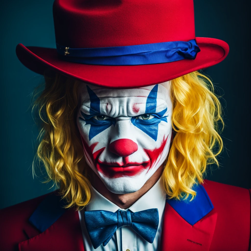Light pink around the eyes,映画Jokerのような,hair is yellow,Hats come in three colors,Realな人間,Illustration is different,clown,Joker,Face white,Cross painted on eyes,Yellow hair,Three-color hat,whole body,4K,high resolution,uncle,Real,Real Humans,Man in his 40s,The hat is white, blue and red,Star-patterned clothing,White gloves,Big red paint on mouth,The hat is white, red and blue,whole bodyは青と赤と白,bow tie is red,The hat is white with red and blue stripes.,Scary face,Angry,Vertical stripes,