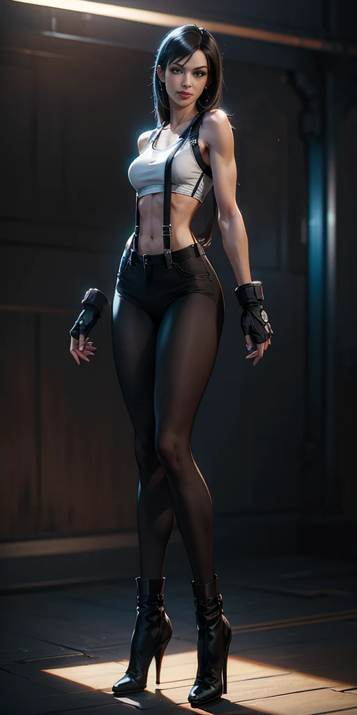 I would like a digital art masterpiece of Tifa Lockhart from Final Fantasy VII. She is a single girl with very long straight hair and red eyes.. He has a subtle smile and his mouth is closed.. His body is toned and athletic, with wide hips, slim waist and toned arms. He is wearing a white tank top, black thong, suspenders, gloves and stockings. The pose is full body view from behind standing legs apart, with a wide stance and standing contrapposto. Details are very important, especially in her beautiful eyes and perfect breasts. The image should be in sharp focus, good depth of field and nice composition. The style should be similar to that of Tetsuya Nomura. The final quality must be 8k, with the best possible quality. I would like the image to have good soft natural lighting, with light coming from the front and top left. The background must be completely transparent so that Tifa stands out completely.