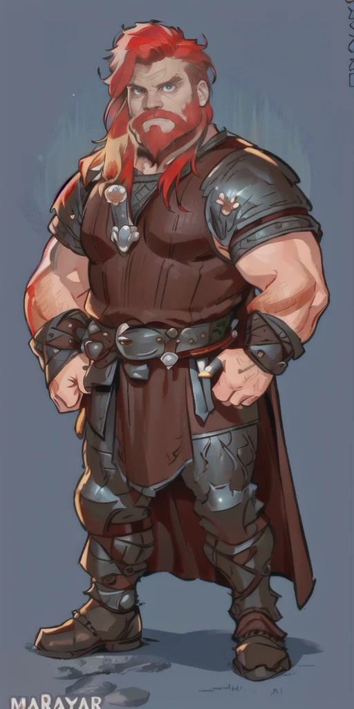 Ingólfr Einarr is a 40-year-old red-haired Viking man with a full and long beard, extroverted, muscular and very attractive, who wears his imposing medieval armor. hyper detailed and super realistic. cartoon style