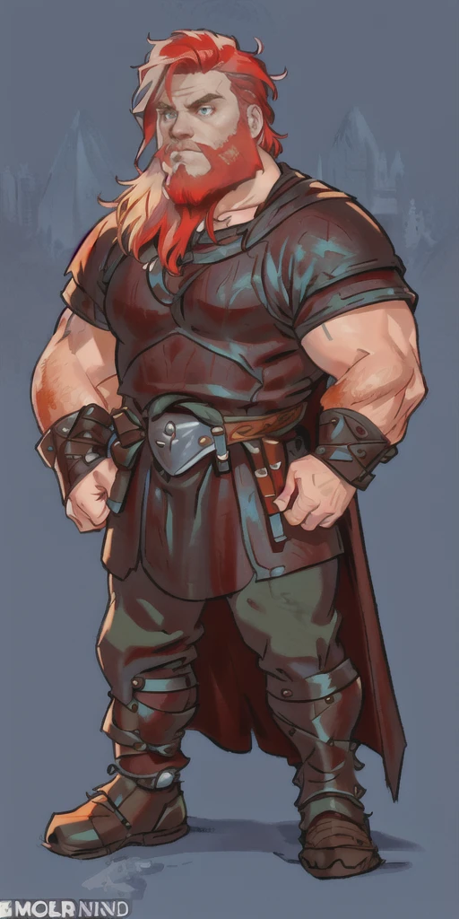 Ingólfr Einarr is a 40-year-old red-haired Viking man with a full and long beard, extroverted, muscular and very attractive, who wears his imposing medieval armor. hyper detailed and super realistic. cartoon style