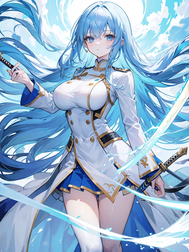 light sky blue hair, expressionless, neat white uniform, holding a sword, very large breasts, long straight hair