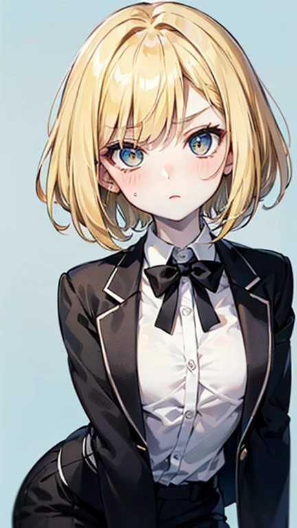 (AkiyamaYukari:1.25),

One Woman,

(Blonde:1.5),
(short,)Bobcut,

Early 20 years old,Natural skin texture,Narrow waist,Thin type,
(White Skin:1.9),Height: 168cm,Japanese Girl,,
Yellow Eyes,Small breasts,

((((Black business suit)))),
(((Black Business Pants))),
((Black tie)),

((ID photo:1.8,Plain cerulean blue background:1.6,Capture your subject from the front)),
expression(anger),upright posture,Closed Mouth,narrowed eyes,blush,


Natural depiction,
Beautiful depiction,
Shiny eyes,
Healthy Body,
Natural hairstyle,
Natural body contours,
Natural facial contours,
(Five fingers)Absolute depiction,Symmetrical fingers,
Two arms,
Two legs,
Sharp eyelid depiction,
Symmetrical eyes,Symmetrical eyes,
Keep the subject in the center,Expand the upper body,
Beautiful image quality,
Delicate shades,
4K,Very detailed,
Delicate light adjustment,
Delicate contour drawing,