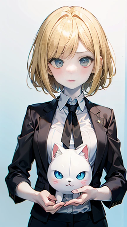 (AkiyamaYukari:1.25),
One Woman,
(Blonde:1.5),
(short,)Bobcut,
Early 20 years old,Natural skin texture,Narrow waist,Thin type,
(White Skin:1.9),Height: 168cm,Japanese Girl,,
Yellow Eyes,Small breasts,
((((Black business suit)))),
(((Black Business Pants))),
((Black tie)),
((ID photo:1.8,Plain cerulean blue background:1.6,Capture your subject from the front)),
expression(anger),upright posture,Closed Mouth,narrowed eyes,blush,
Natural depiction,
Beautiful depiction,
Shiny eyes,
Healthy Body,
Natural hairstyle,
Natural body contours,
Natural facial contours,
(Five fingers)Absolute depiction,Symmetrical fingers,
Two arms,
Two legs,
Sharp eyelid depiction,
Symmetrical eyes,Symmetrical eyes,
Keep the subject in the center,Expand the upper body,
Beautiful image quality,
Delicate shades,
4K,Very detailed,
Delicate light adjustment,
Delicate contour drawing,