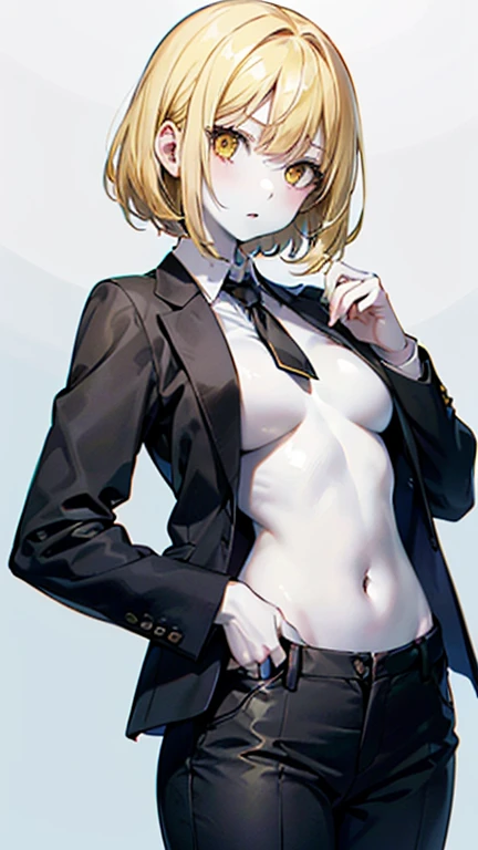 (AkiyamaYukari:1.25),

One Woman,

(Blonde:1.5),
(short,)Bobcut,

Early 20 years old,Natural skin texture,Narrow waist,Thin type,
(White Skin:1.9),Height: 168cm,Japanese Girl,,
Yellow Eyes,Small breasts,

((((Black business suit)))),
(((Black Business Pants))),
((Black tie)),

((ID photo:1.8,Plain cerulean blue background:1.6,Capture your subject from the front)),
expression(anger),upright posture,Closed Mouth,narrowed eyes,blush,


Natural depiction,
Beautiful depiction,
Shiny eyes,
Healthy Body,
Natural hairstyle,
Natural body contours,
Natural facial contours,
(Five fingers)Absolute depiction,Symmetrical fingers,
Two arms,
Two legs,
Sharp eyelid depiction,
Symmetrical eyes,Symmetrical eyes,
Keep the subject in the center,Expand the upper body,
Beautiful image quality,
Delicate shades,
4K,Very detailed,
Delicate light adjustment,
Delicate contour drawing,