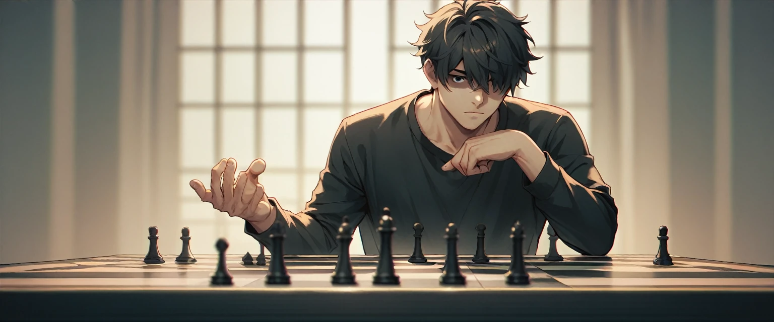 A blond man with straight, short hair, vestindo roupas pretas, is standing in a completely dark place. He holds a chess pawn between his thumb and forefinger. Your face is blurred with a black censorship stripe running over your eyes.. He's on top of a giant chessboard, with the pieces floating around him. The man's clothes and hair appear to be moving, even though he is still. He is standing, with head down, conveying sadness and loneliness. The image must be extremely realistic and the angle must be cinematic.