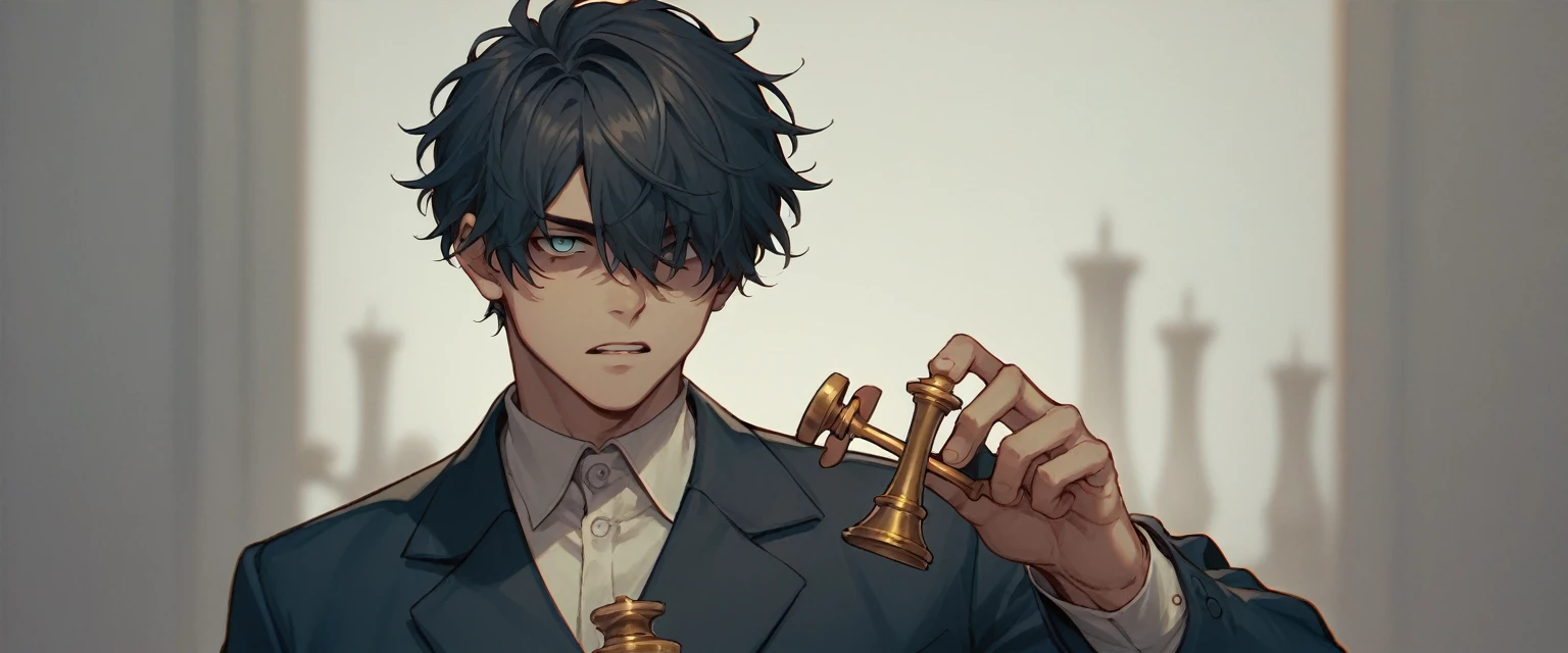 A blond man with straight, short hair, vestindo roupas pretas, is standing in a completely dark place. He holds a chess pawn between his thumb and forefinger. Your face is blurred with a black censorship stripe running over your eyes.. He's on top of a giant chessboard, with the pieces floating around him. The man's clothes and hair appear to be moving, even though he is still. He is standing, with head down, conveying sadness and loneliness. The image must be extremely realistic and the angle must be cinematic.