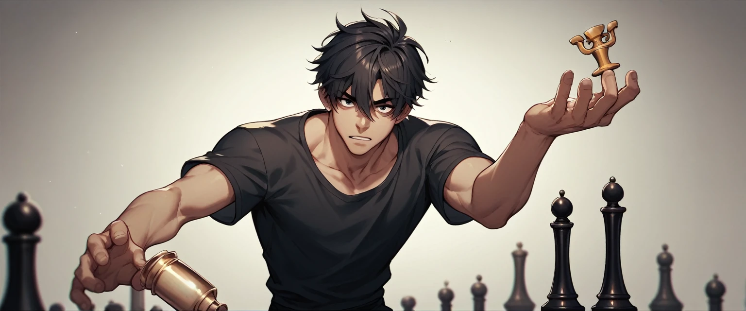 A blond man with straight, short hair, vestindo roupas pretas, is standing in a completely dark place. He holds a chess pawn between his thumb and forefinger. Your face is blurred with a black censorship stripe running over your eyes.. He's on top of a giant chessboard, with the pieces floating around him. The man's clothes and hair appear to be moving, even though he is still. He is standing, with head down, conveying sadness and loneliness. The image must be extremely realistic and the angle must be cinematic.