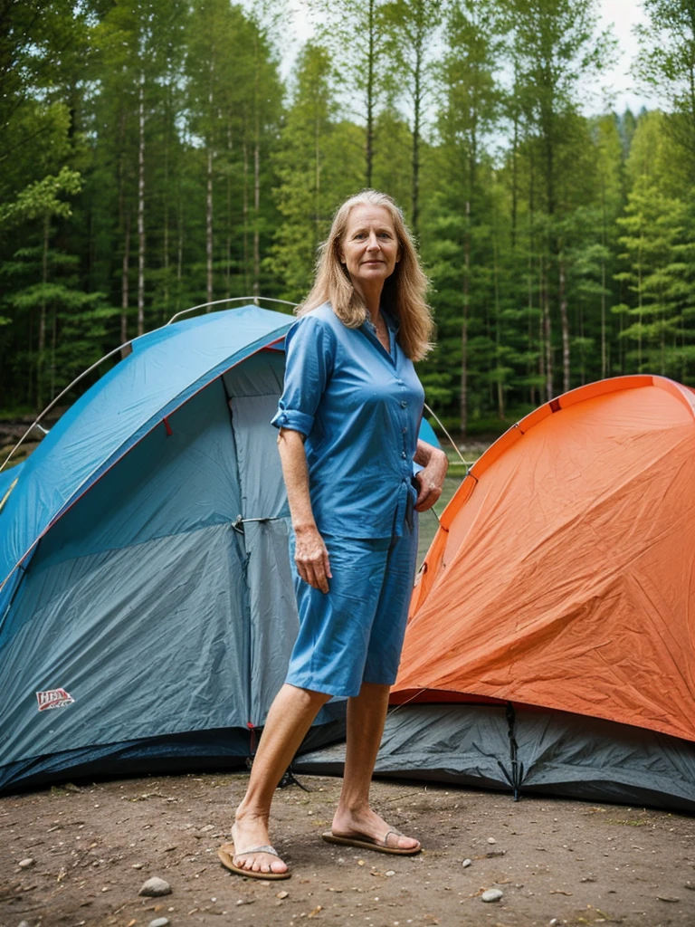 Liv Ullman, her name is Freydis, high quality, 1 old woman, ((50-year-old SLIM dutch woman)), ((50 years old)), (((wrinkled body))), ((((old body)))), ((very LONG HAIR)), (((no make up))), (pale skin), (((blue eyes))), she is wearing stylish COLORFUL camping gear for old women, POSE: standing, adventurous, exciting BACKGROUND: outdoor: FJORD CAMPSITE IN NORWAY