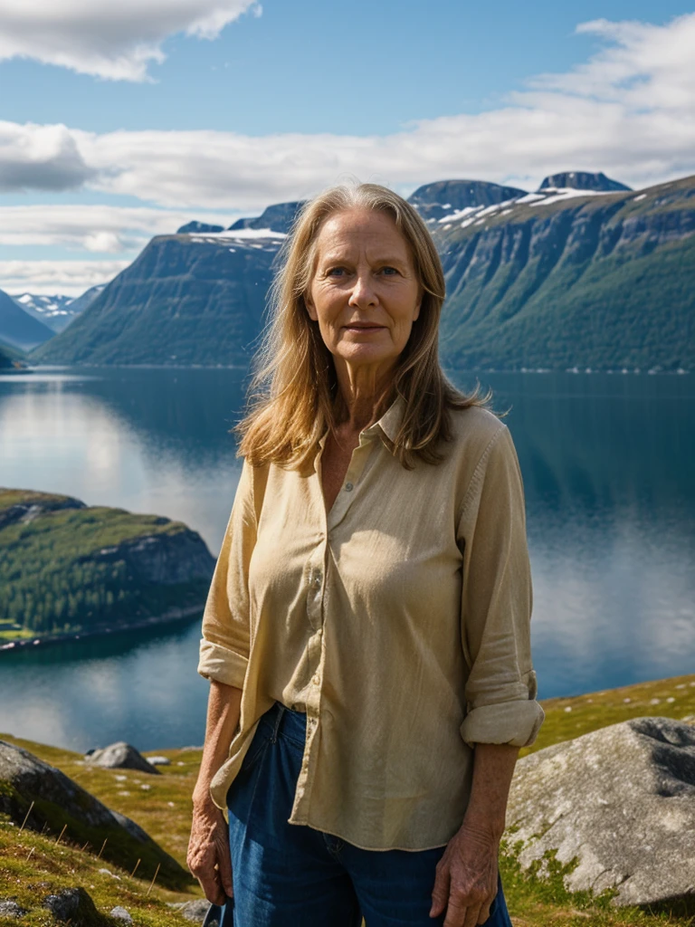 Liv Ullman, her name is Freydis, high quality, 1 old woman, ((50-year-old SLIM dutch woman)), ((50 years old)), (((wrinkled body))), ((((old body)))), ((very LONG HAIR)), (((no make up))), (pale skin), (((blue eyes))), she is wearing stylish COLORFUL camping gear for old women, POSE: standing, adventurous, exciting BACKGROUND: outdoor: FJORD CAMPSITE IN NORWAY