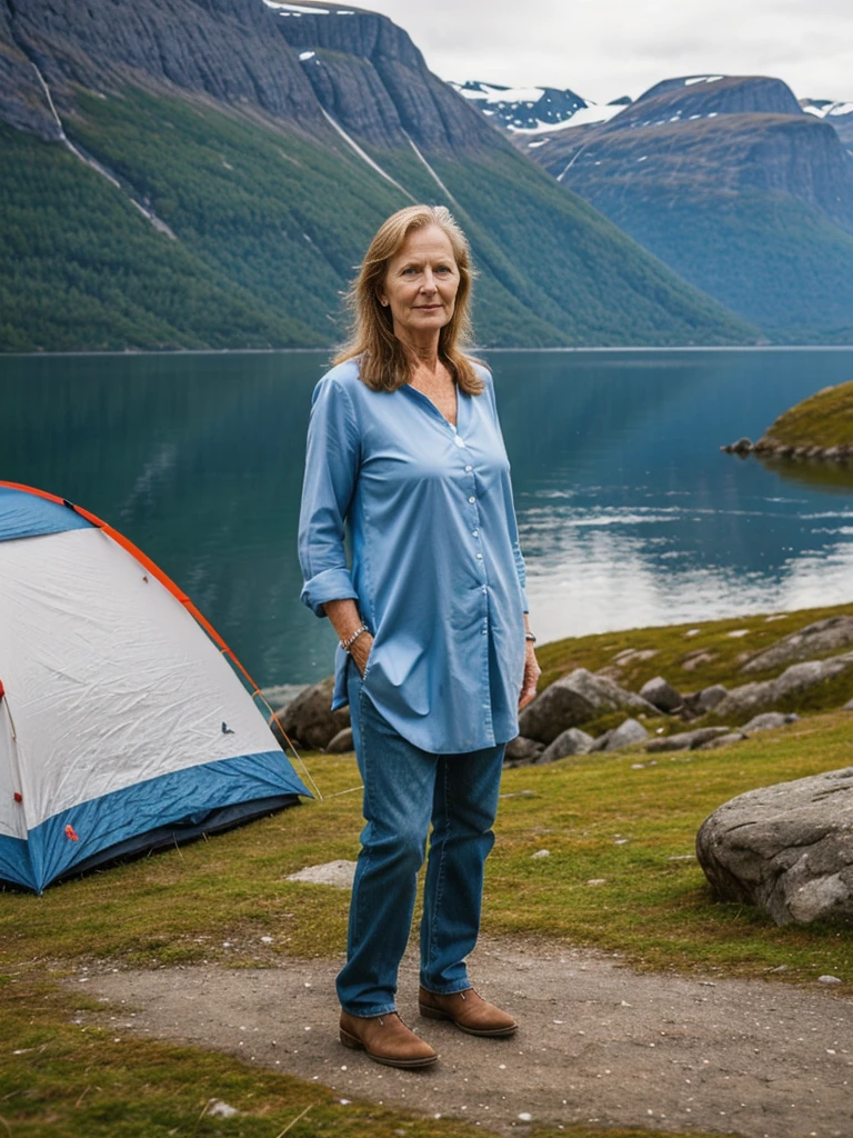 Liv Ullman, her name is Freydis, high quality, 1 old woman, ((50-year-old SLIM dutch woman)), ((50 years old)), (((wrinkled body))), ((((old body)))), ((very LONG HAIR)), (((no make up))), (pale skin), (((blue eyes))), she is wearing stylish COLORFUL camping gear for old women, POSE: standing, adventurous, exciting BACKGROUND: outdoor: FJORD CAMPSITE IN NORWAY