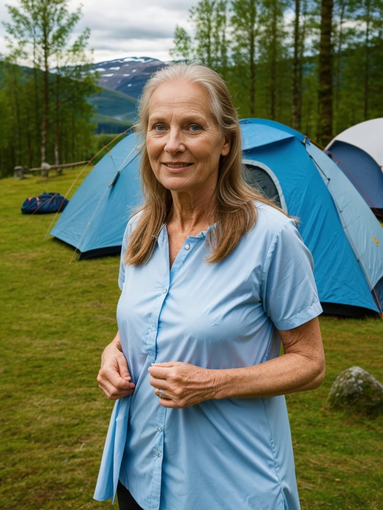 Liv Ullman, her name is Freydis, high quality, 1 old woman, ((50-year-old SLIM dutch woman)), ((50 years old)), (((wrinkled body))), ((((old body)))), ((very LONG HAIR)), (((no make up))), (pale skin), (((blue eyes))), she is wearing stylish COLORFUL camping gear for old women, POSE: standing, adventurous, exciting BACKGROUND: outdoor: FJORD CAMPSITE IN NORWAY