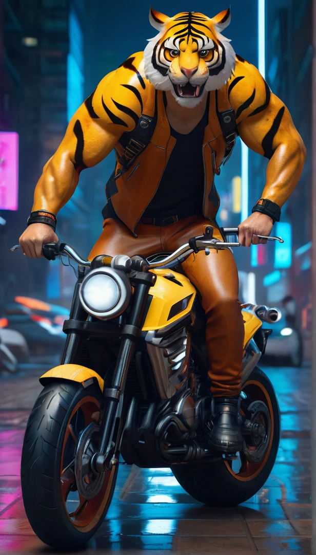 a close-up of a person on a motorcycle with a tiger on their back, wojtek fus, arnold 3d render, Arnold 3D rendering, muscular! cyber punk, muscular character, Arnold rendering, trends on artstation.', James Gurney's painting style, Arnold e Zbrush, roland zilvinskis 3d render arte, art station masterpiece