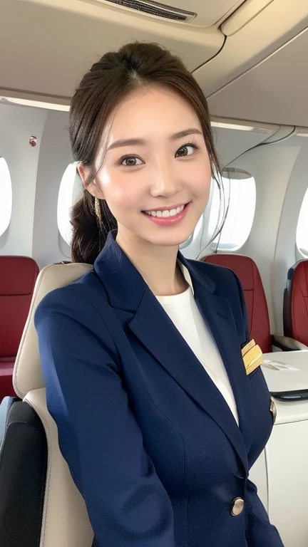 ((top-quality、masutepiece、8K、Top image quality、Hyper-Realism))、((1 female entrepreneur、Take a photo of her from the waist up))、((The background is blurred)、((perfect stewardess uniform))、(Exposing the forehead、Chignon)、large full breasts、The Biggest Smile、white big teeth、Perfect makeup、long eyelashes、View me、smile your best smile、perfect anatomia、Bright lighting, hyper realistic, photoreal, wearing a professional and fashionable business suit such with blazer