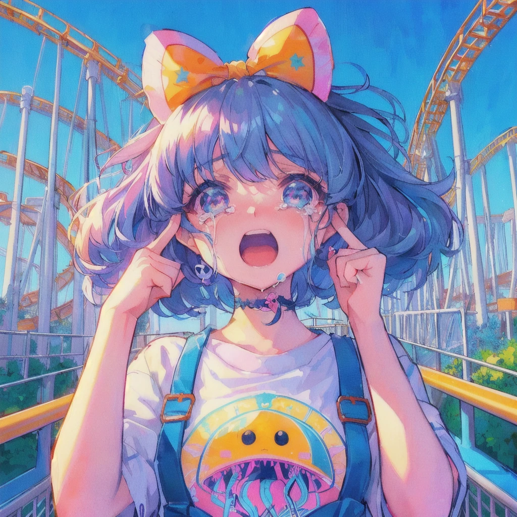 roller coasterに乗っているクラゲのTシャツを着たアニメの女の子, Crying hard,80s anime style, Lo-fi Girl, Anime Aesthetics, amusement park, Anime Aesthetics, Dreamy psychedelic anime, cute aesthetics, vehicle, Anime illustration, roller coaster, Anime Graphic Illustration, Anime-style illustrations, Girl Screamin' Yoro - Esthetics, Decora style illustrations, junko enoshima, lofi album art
