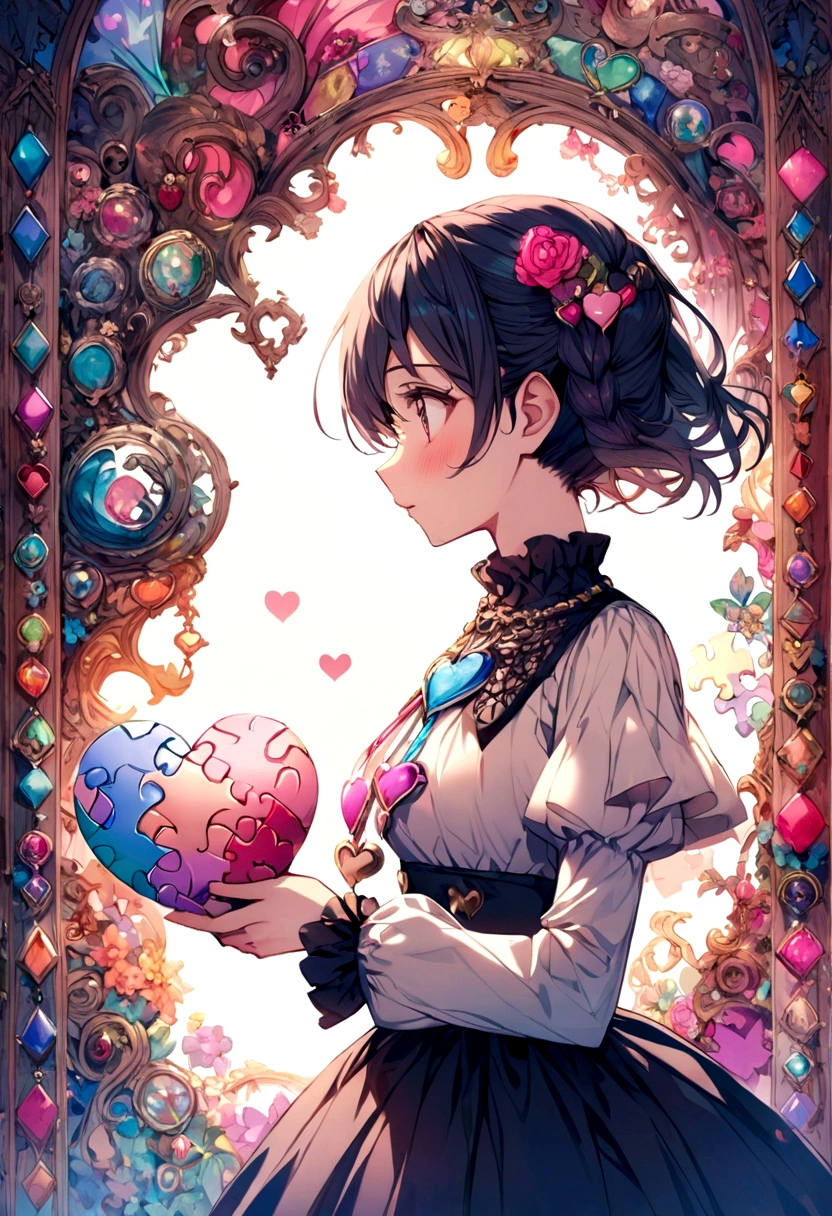 create anime of a teenager in profile with a puzzle blouse in the colors of the autism symbol holding a heart