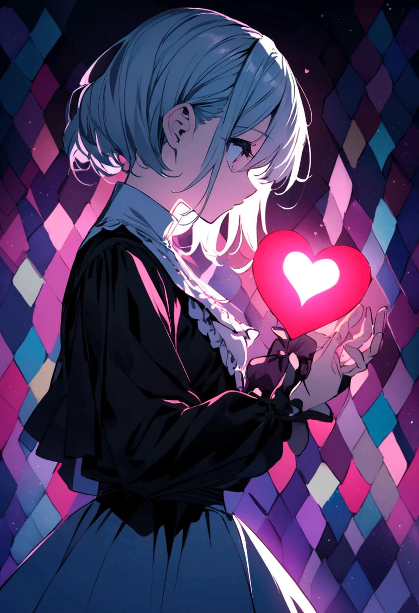 create anime of a ager in profile with a puzzle blouse in the colors of the autism symbol holding a heart
