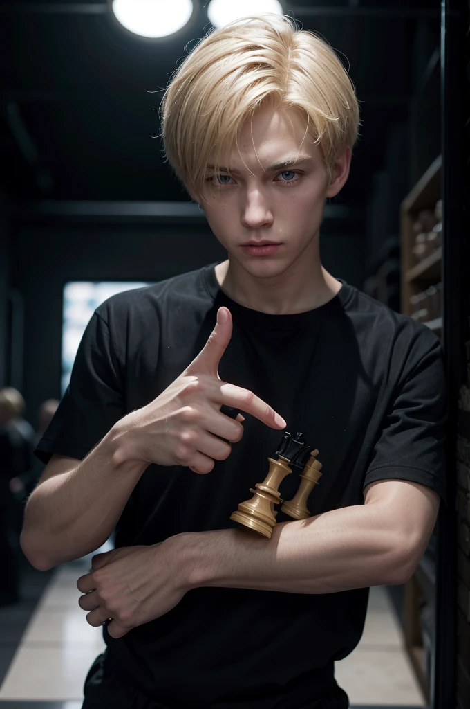 A blond man with straight, short hair, vestindo roupas pretas, is standing in a completely dark place. He holds a chess pawn between his thumb and forefinger. Your face is blurred with a black censorship stripe running over your eyes.. He's on top of a giant chessboard, with the pieces floating around him. The man's clothes and hair appear to be moving, even though he is still. He is standing, with head down, conveying sadness and loneliness. The image must be extremely realistic and the angle must be cinematic.