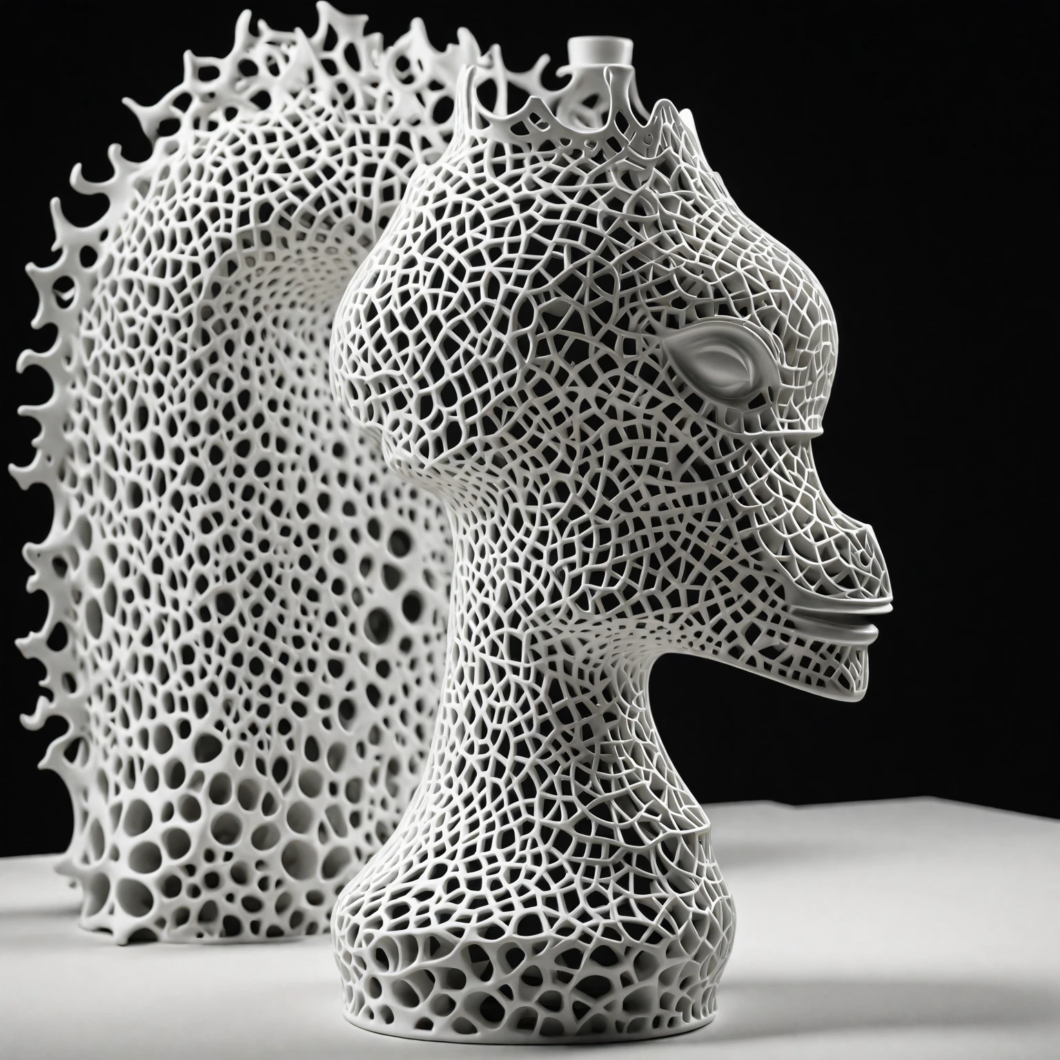 a close up of a white object with a black background, organic ceramic fractal forms, A detailed, hollow, white king chess piece with intricate lattice design, modern style, 3D rendering
, parametric structure, fractal ceramic armor, parametric solid works, biomechanical corals, 3 d fractal, 3d fractal