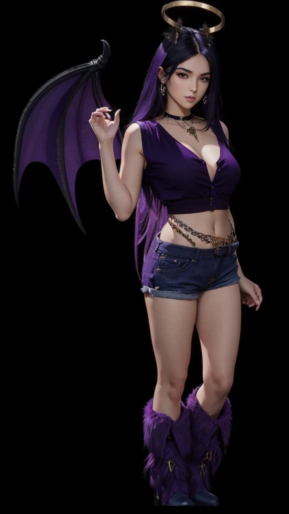 A beautiful girl in full body, dark purple straight hair, cropped roxo, dark purple denim shorts, purple furry boots, purple dragon wings.