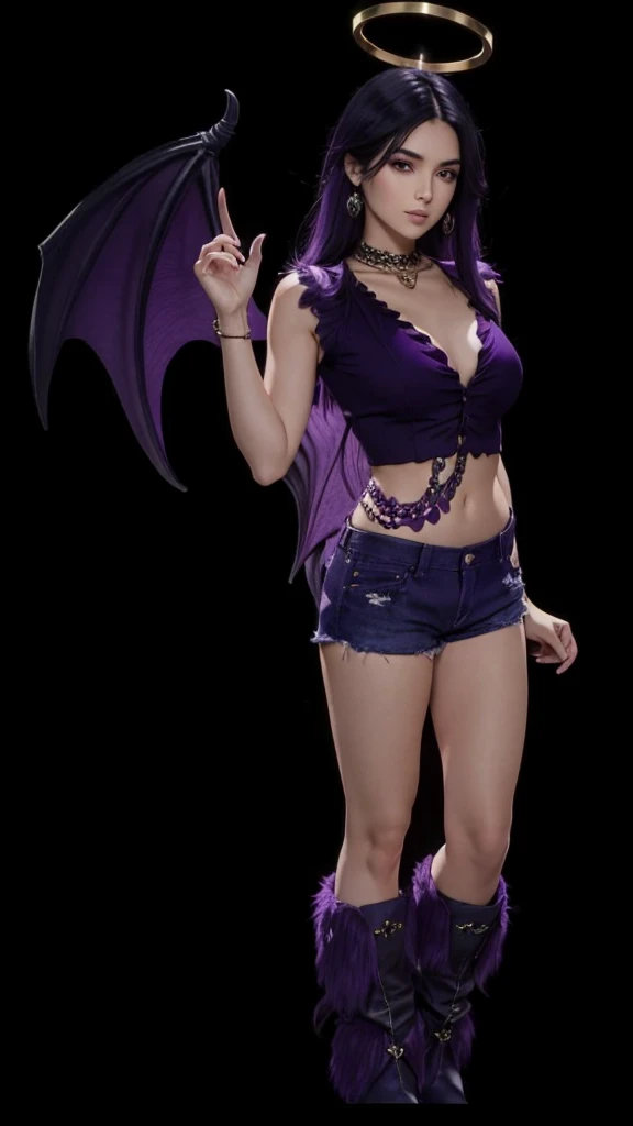 A beautiful girl in full body, dark purple straight hair, cropped roxo, dark purple denim shorts, purple furry boots, purple dragon wings.