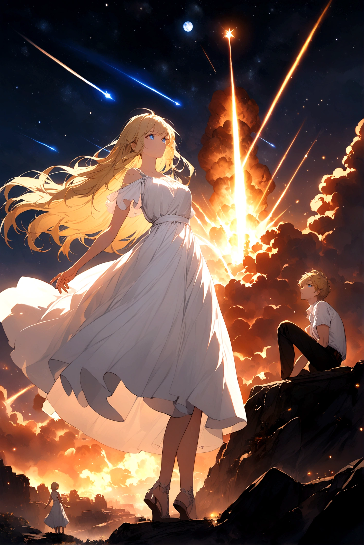 Male, short hair, blonde, white shirt, looking women see star in the sky, long hairs, meteor, white dress, blue eyes