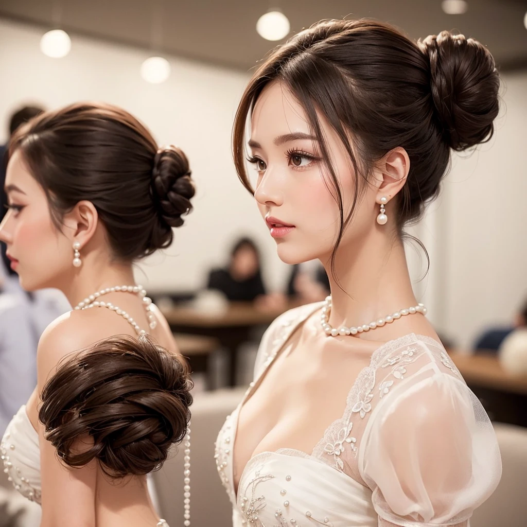 A woman with a polished low bun, adorned with small white pearls, ideal for formal events. dark brown hair, smooth and shiny, with soft, elegant makeup complementing the look