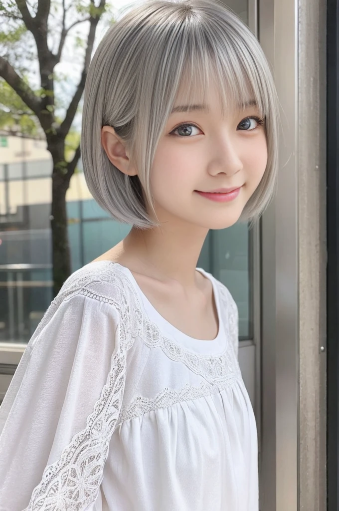 A old Japanese girl, incredibly cute, neat and clean, happy smile, detailed charming eyes, detailed face,(laced onepiace, ultra slender, incredibly white and beautiful skin, short silver hair, masterpiece1.5)