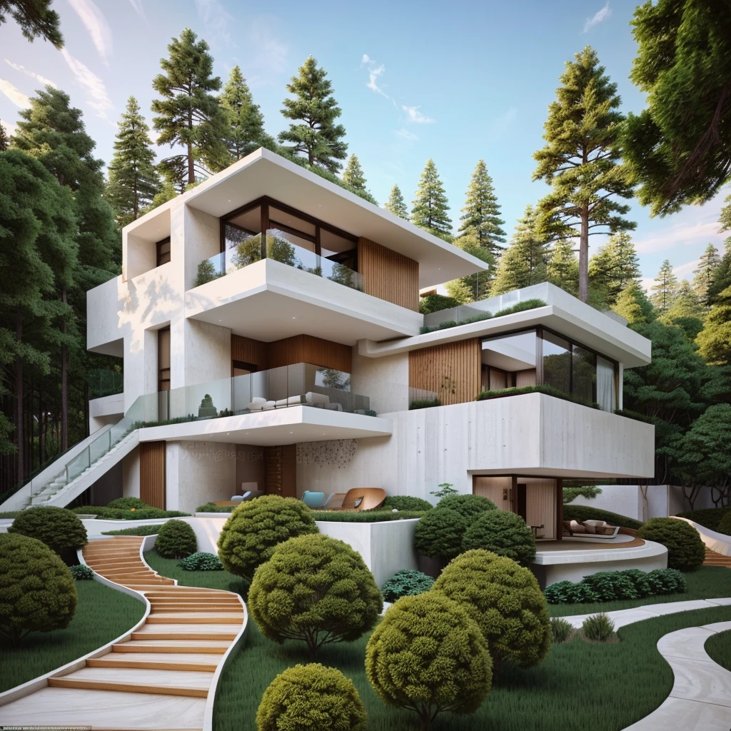 The MODERN HOUSE is located on the upper hill, (curly pathway in front of the house), white wall, concrete, glass windows, wood ceilings, ((big front yard)), court outside, in the early morning, pine forest, in the middle FALL,