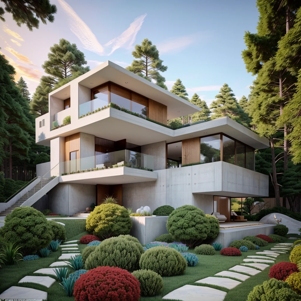 The MODERN HOUSE is located on the upper hill, (curly pathway in front of the house), white wall, concrete, glass windows, wood ceilings, ((big front yard)), court outside, in the early morning, pine forest, in the middle FALL,