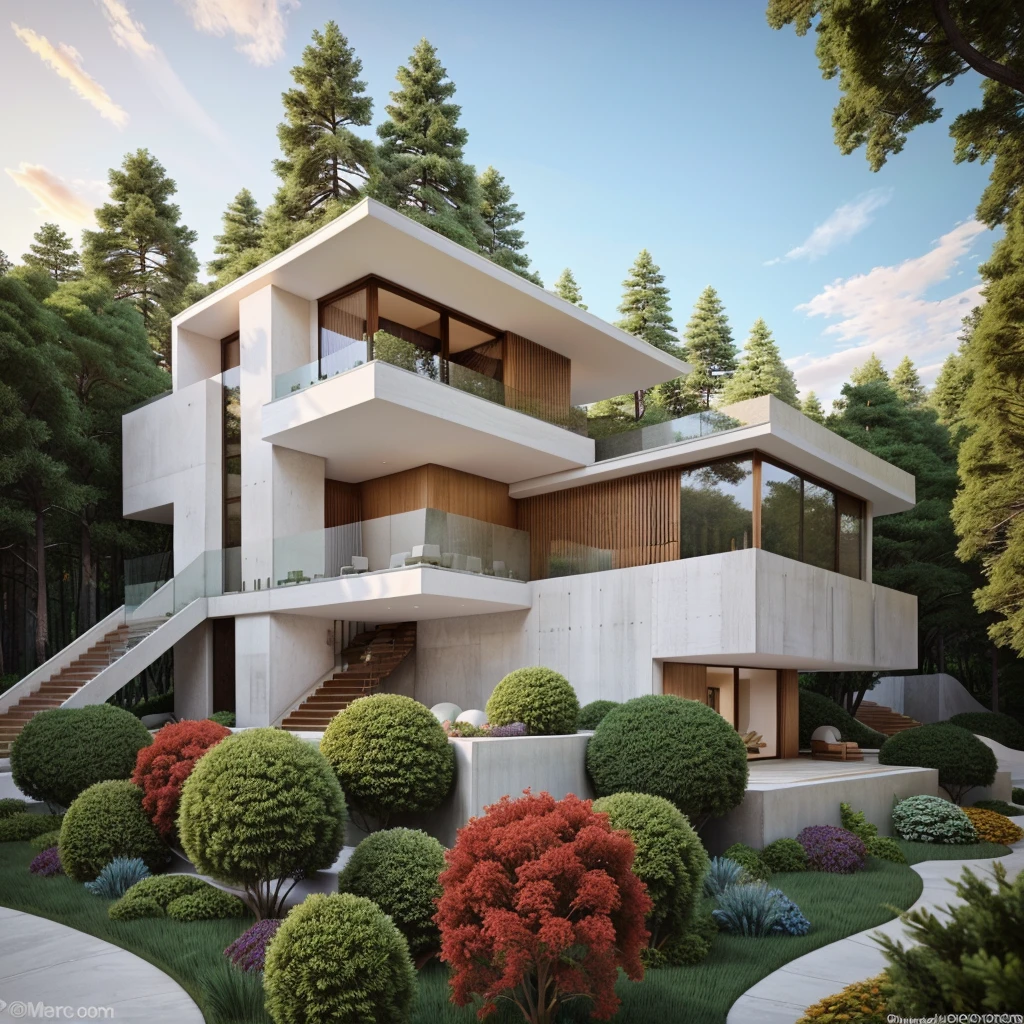 The MODERN HOUSE is located on the upper hill, (curly pathway in front of the house), white wall, concrete, glass windows, wood ceilings, ((big front yard)), court outside, in the early morning, pine forest, in the middle FALL,