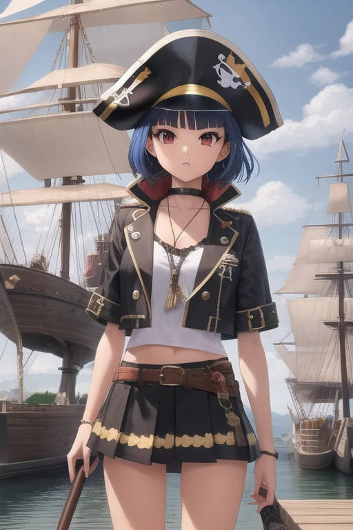 create a 25-year-old anime chia in pirate clothing with a miniskirt in a landscape of a dock and pirate ships holding a sword and a treasure map