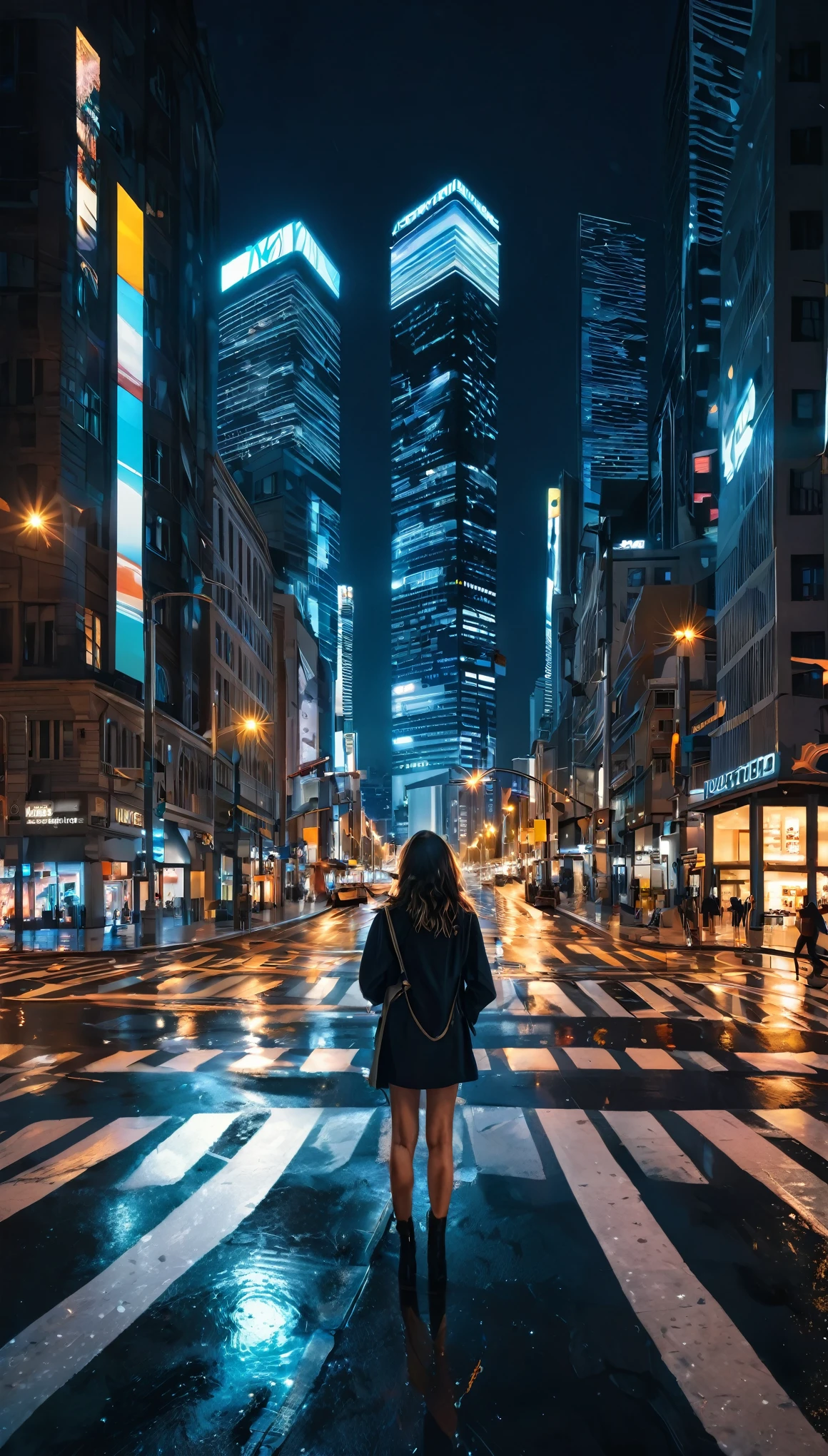 masterpiece,Highest quality,8K,Night cityscape,In the city,One Woman,intersection,