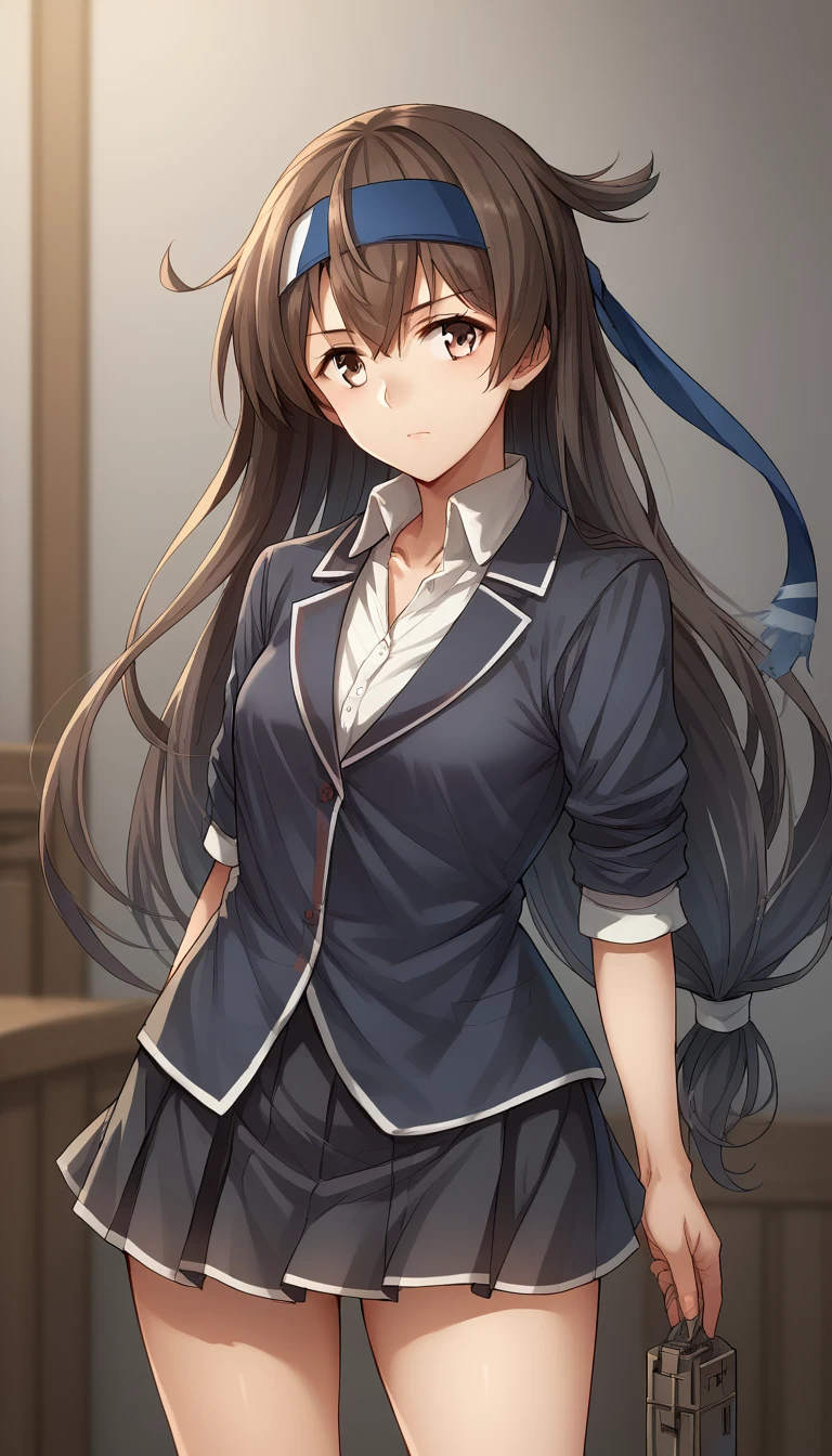 source_anime,cowboy shot,Idealized Forms,Natural Light,details background,blurry background,extremely detailed,(aga),hatsushimo(kancolle),brown eyes, long hair, shirt, ,blazer, low-tied long hair, blue headband,black skirt,single thighhigh,flat breasts,