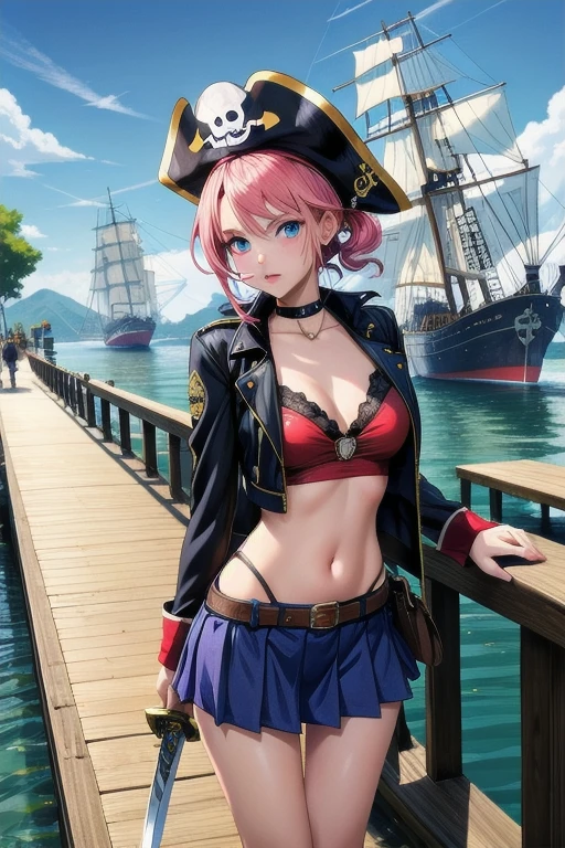 create a 25-year-old anime chia in pirate clothing with a miniskirt in a landscape of a dock and pirate ships holding a sword and a treasure map