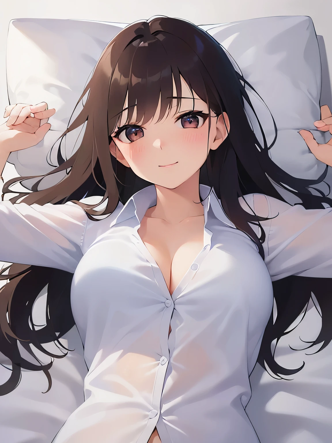 (open arms for viewer :1.5),(on back:1.5), Realistic, real person, (pale skin: 1.2), RAW photo, photorealistic, portrait photography, shiny skin, shiny hair、 (A 35-year-old woman with bangs) and (wavy hair) and (brown hair) and (Orange Eyes) , (business suit:1.5)and (Wearing a white collared shirt)、 (blush:1.5),smile,（Cleavage：1.5）、Sleeping on the sofa,(alone:1.5)、With arms outstretched towards me