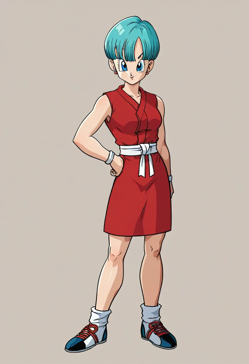 Bulma saga buu red dress legs crossed , martial arts tournament , bank