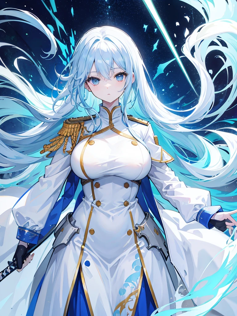 light sky blue hair, expressionless, neat white uniform, holding a sword, very large breasts, long straight hair