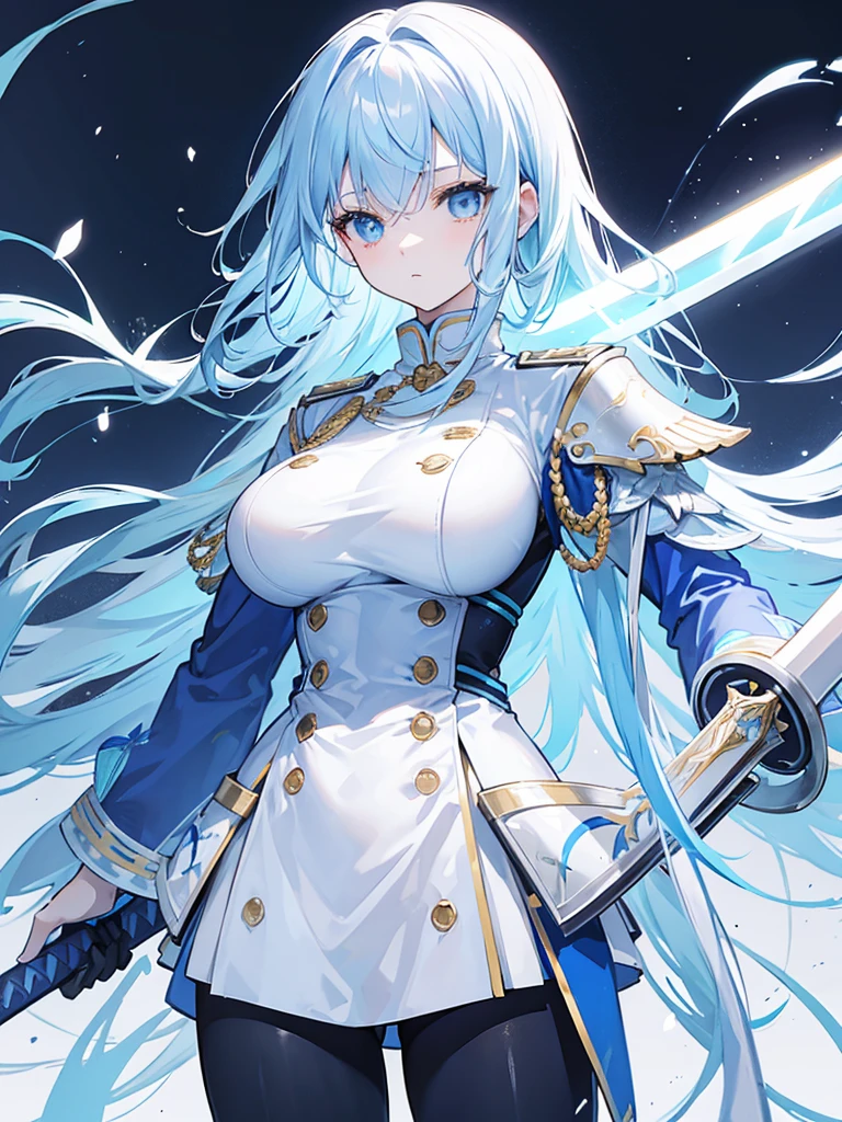light sky blue hair, expressionless, neat white uniform, holding a sword, very large breasts, long straight hair

