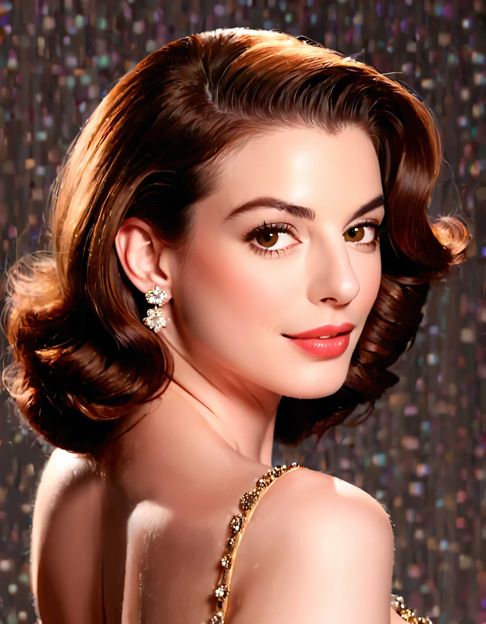 Generate a portrait of Anne Hathaway exuding timeless elegance and vintage glamour. Envision her in a classic Hollywood setting with soft, flattering lighting. Emphasize her features with a touch of sophistication, perhaps inspired by the golden age of Hollywood. Ultra Realistic photo, vibrant colors, 16k