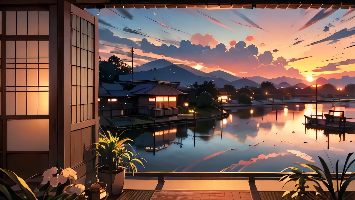 8k, haigh quality, high resolution, realistic, Japanese summer rural house, scene with Japanese wind chimes and rice fields, zoom Japanese glass wind chimes, no person, no people, ((Paddy field)), I can see grass and trees, Electric poles, ((The camera angle is from inside the house facing outside)), The house has a garden, at the back of which electric poles and paddy fields can be seen, 