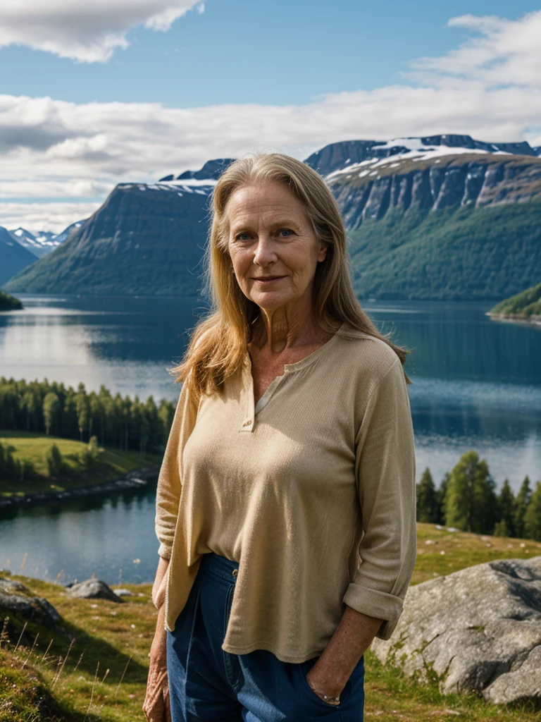 Liv Ullman, her name is Freydis, high quality, 1 old woman, ((50-year-old SLIM dutch woman)), ((50 years old)), (((wrinkled body))), ((((old body)))), (((LONG HAIR))), (((no make up))), (pale skin), (((blue eyes))), she is wearing stylish COLORFUL camping gear for old women, POSE: standing, adventurous, exciting BACKGROUND: outdoor: FJORD CAMPSITE IN NORWAY