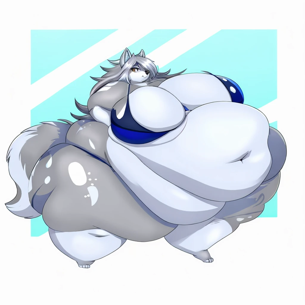 Silver wolf, female, huge breasts, huge hips, huge thighs, plump, voluptuous, morbidly obese, fat arms, fat legs, belly rolls, fat rolls,silver body,white spots,white markings, silver eyes,silver hair,shiny hair,messy hair,bikini,huge belly