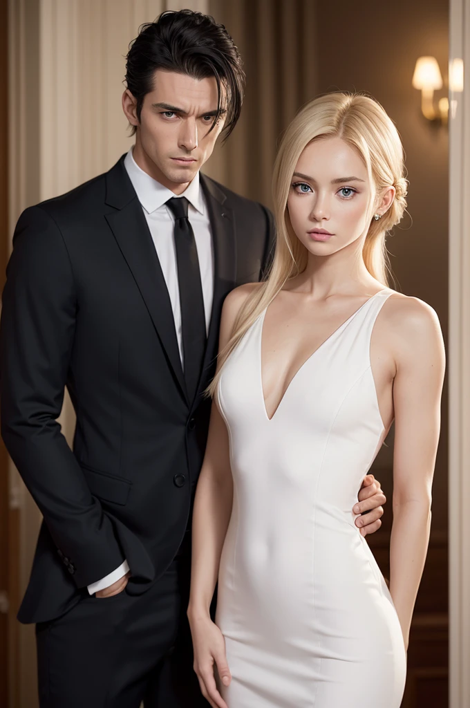 tall man, dressed in a suit, muscular, handsome man, white, black hair, next to a young woman, blonde with long hair, beautiful blue eyes, short woman and simple dress, poor woman and rich businessman, the two people together in the same image, they are in a dark room, they look at each other, but the man seems irritated, short woman, woman with long blonde hair, woman with fair skin, woman with flushed cheeks, thin and small woman, woman with submissive and innocent posture , light skin, man with black hair, woman with long blond hair, small and beautiful face, masculine and virile man, young woman and smaller in stature than the man, IMAGE IN EXTREME QUALITY, the woman does not have arms with muscles or shapers , the woman has a small face and wears a cheap dress, the man looks at the woman. the man has short hair, combed and cut into a quiff.