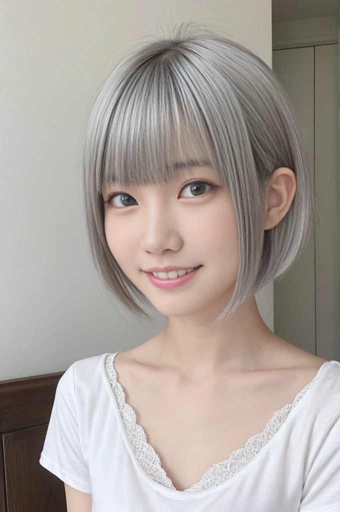 A 16 yearsold Japanese girl, incredibly cute, neat and clean, happy smile, detailed charming eyes, detailed face,(laced onepiace, ultra slender, incredibly white and beautiful skin, short silver hair, masterpiece1.5)