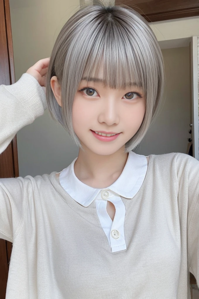 A 16 yearsold Japanese girl, incredibly cute, neat and clean, happy smile, detailed charming eyes, detailed face,(laced onepiace, ultra slender, incredibly white and beautiful skin, short silver hair, masterpiece1.5)